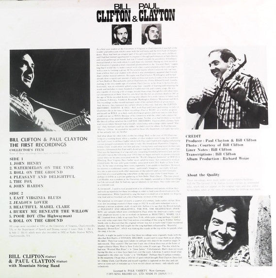 Bill Clifton & Paul Clayton – The First Recordings (LP)