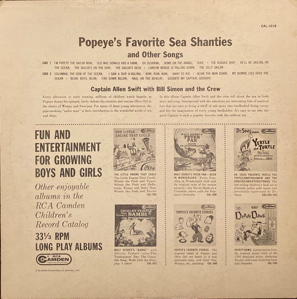 Captain Allen Swift With Bill Simon And The Crew – Popeye's Favorite Sea Shanties And Other Songs (LP)